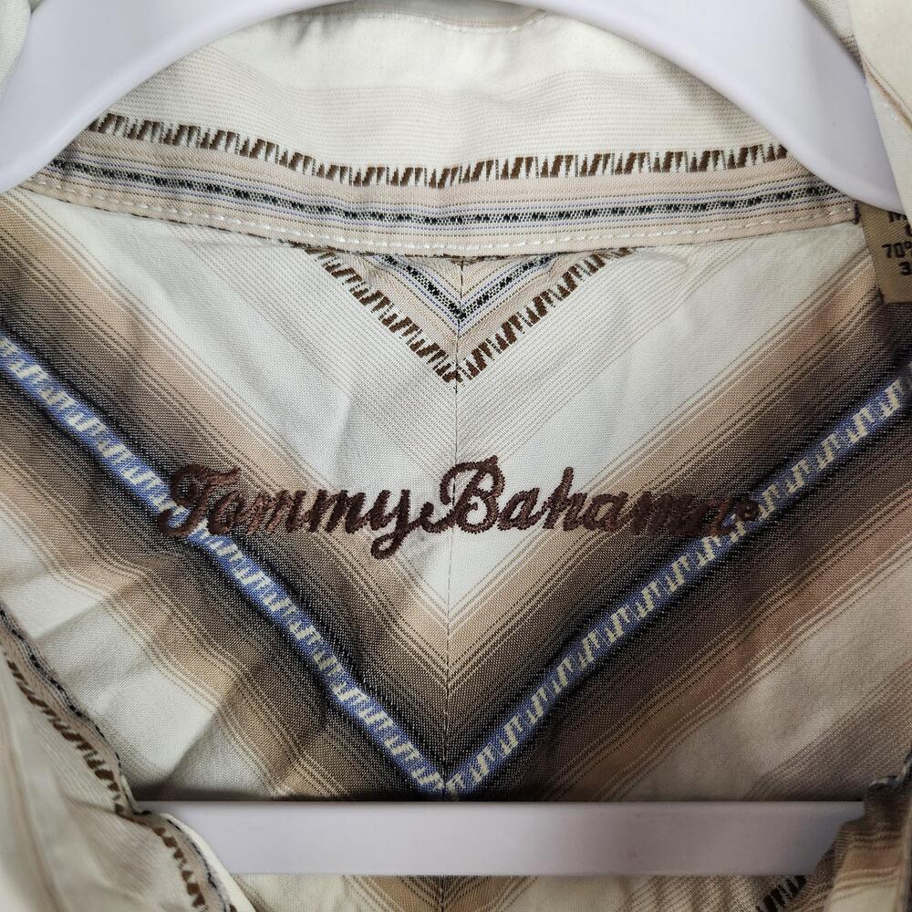 Tommy Bahama Shirt Mens Large Beige Brown Stripe Cotton Silk Button Western Y2k